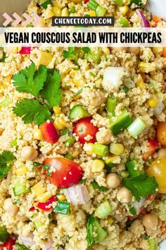 This bright vegan couscous salad with chickpeas, charred corn, and lots of fresh veggies! This vegan couscous bowl is one of the best easy vegan couscous recipes! If you like this salad, try my Vegan White Bean Dip with Lemon and Pistachios, my Peanut Noodle Salad, and my Vegan Coconut Cake! Couscous Salad Dressing, Vegan Couscous Recipes, Couscous Salad With Chickpeas, Vegetable Couscous Recipes, Vegan Couscous, Couscous Bowl, Salad With Chickpeas, Salad Recipes Healthy Lunch, Couscous Salad Recipes