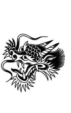 a black and white image of a dragon with grapes on it's head, in the style of traditional japanese tattoo art