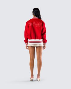 You already know you’ll be the HBIC in this fit ❤️ Pairing a fitted white poplin shirt with a twill micro mini skirt and a red varsity jacket - this three-piece set will always have you coming in first place 🏆 Fitted Cotton Varsity Jacket For College, Red Varsity Tops For College, Trendy Red Varsity Jacket For College, Red Fitted Varsity Jacket For College, Red Varsity Top With Ribbed Cuffs, Red Cotton Varsity Jacket For College, Red Varsity Sports Top, Varsity Jacket Mini Skirt, Luxury Red Long Sleeve Varsity Jacket