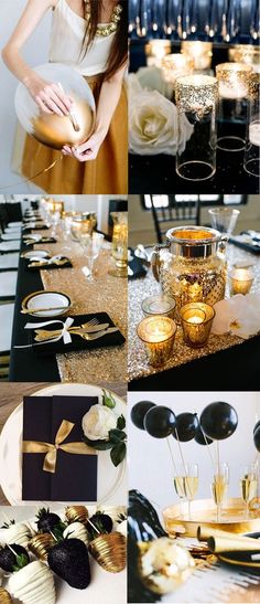 a collage of photos with gold, black and white decor on it's table