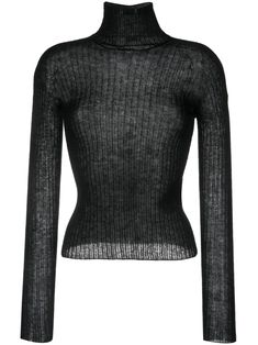 black mohair-wool blend ribbed knit semi-sheer construction long sleeves high neck finished edge Bottega Veneta Arco, Wool Cape Coat, Black Attire, Silk Maxi Skirt, Black Turtleneck, Leather Mini Skirts, Knit Jumper, Turtleneck Sweater, Black Fashion