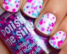 Polish Me Silly Nail Lacquer BUTTERFLY KISSES Polka Dot Nail Polish in a Clear Base Butterfly Kisses Picture shows Butterfly Kisses polka dots over a white base This polish is in a CLEAR BASE with a variety of bright neon colors scattered throughout it! We have neon pink, turquoise blue and neon purple glitters throughout this color combination. This polish looks gorgeous over many colors! Made in United States of America Brand new No returns Confetti Nails, Pastel Nails Designs, Easter Nail Designs, Pretty Nail Polish, Polka Dot Nails, Dots Nails, July Nails, Nails For Kids, Glitter Nail Polish