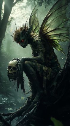 a skeleton sitting on top of a tree in the forest with a demon face and wings