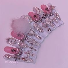 Pom Pom Nail Design, Y2k Press On Nails, White Xl Nails, Chunky Charm Nails, Pompom Nails, Pom Pom Nails, Glamgoth Nails, Press On Nails With Charms, Instagram Not