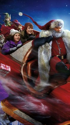 the santa clause is riding on top of a sleigh in front of children