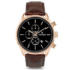 Men's Luxury Chrono S Chronograph Watch Mocha Brown Croc Italian Leather Strap Band Black Watch Face Rose Gold Case Clasp Vincero Watches, Swiss Army Watches, Brown Leather Watch, Skeleton Watches, Leather Watch Band, Invicta Watches, Luxury Timepieces, Leather Watch Bands, Beautiful Watches