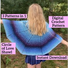 the back of a woman's blue crochet shawl with instructions to make it