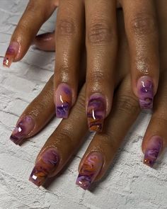 Orange And Purple Marble Nails, Natural Manicure Ideas Classy, Square Builder Gel Nails, Nail Art Designs Blooming Gel, Square Gel Nail Designs, Gel X Nail Designs Square, Short Maximalist Nails, Fall Marble Nails, Simple Fall Nails Autumn