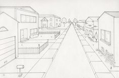 a pencil drawing of a city street with houses and trees on the other side of it