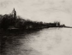 a black and white drawing of a city by the water