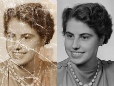 an old photo and the same woman's face before and after restoration