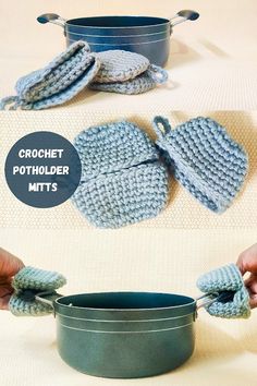 crochet potholders and mitts are being used to make the dishcloths