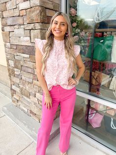 The perfect pink look from head to toe featuring delicate ruffles and bright hues! Pink Spring Outfits, Pink Look, Pink Spring, Perfect Pink, Spring Outfit, Blue Jeans