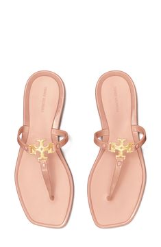 Make a playful retro statement with this carefree jelly sandal topped with polished logo hardware. Flat sole Synthetic upper, lining and sole Imported Cute Sandals For Women, Girly Slippers, Cute Sandals For Summer, Designer Sandals Flat, Designer Flat Sandals, Classy Sandals, Flat Footwear, Pretty Sneakers, Shoe Wishlist