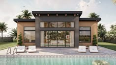 a rendering of a house with a pool and lounge chairs in the foreground, surrounded by palm trees