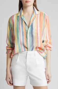 This oversized Italian-linen button-up has a high-low hem for added coverage and a button placed at the fullest part of the chest. 27" length (size Medium) Front button closure Spread collar Long sleeves with one-button cuffs Chest patch pocket 100% linen Machine wash, tumble dry Imported Multicolor Linen Tops For Spring, Multicolor Long Sleeve Linen Tops, Frank & Eileen, A Button, Striped Linen, Color Stripes, High Low Hem, Patch Pocket, High & Low