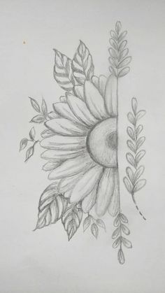 a pencil drawing of a sunflower with leaves and flowers on it's side