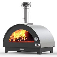 an outdoor pizza oven with flames coming out of the front and side doors, on a white background