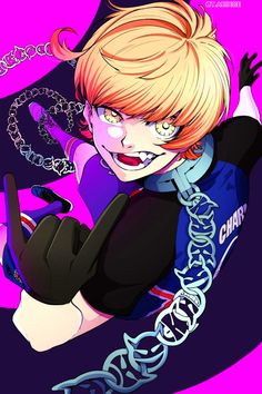 an anime character with blonde hair and black gloves