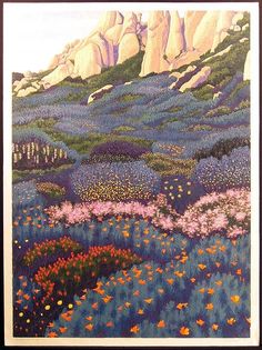 a painting of mountains and flowers in the foreground