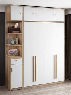 a white and wood bookcase with drawers