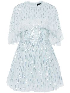 light blue sequin embellishment ruffled detailing detachable cape round neck concealed rear zip fastening full skirt straight hem thigh-length This item is made from at least 50% recycled or upcycled materials. For recycled synthetic clothing products, we highly recommend using a microfibre-catching washing bag to ensure that no microplastics that can pollute water are released in the process. Learn more about what makes a product Conscious on our Conscious Criteria page Luxury Spring Dresses With Sequins, Fitted Embellished Dress With Cape Sleeves, Spring Dress With Sequins And Cape Sleeves, Spring Party Dresses With Cape Sleeves, Glamorous Dresses With Cape Sleeves, Embellished Cocktail Dress With Cape Sleeves, Cocktail Dress With Embellished Cape Sleeves, Embellished Cocktail Dresses With Cape Sleeves, Party Dresses With Sequins And Cape Sleeves