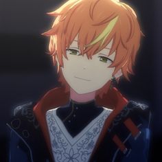 an anime character with orange hair and green eyes looking at the camera while standing in front of a dark background