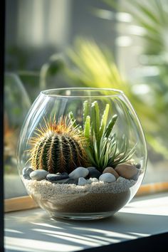 a glass bowl filled with rocks and plants