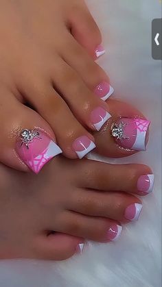 Valentine’s Day Acrylic Toes, Pink Pedicure Ideas Toenails, Hot Pink Toe Nails With Design, Acrylic Toe Nails Ideas, Acrylic Toe Nail Designs, Nails And Feet Set, Nail Designs With Rhinestones, Purple Toe Nails, Pink Toe Nails