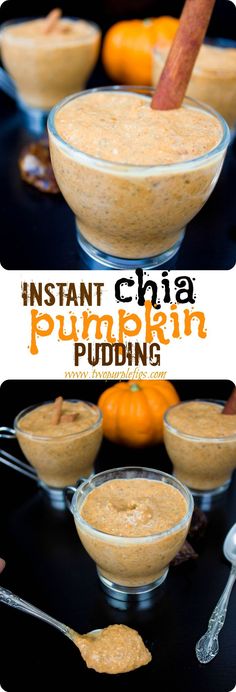 pumpkin pudding in small glass bowls with cinnamon stick sticking out of the top and an orange on the side