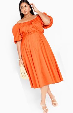 Puff sleeves intensify the casual charm of an Empire-waist midi dress fashioned from light, airy cotton. Hidden back-zip closure Square neck Short sleeves Lined 100% cotton Hand wash, dry flat Imported V-neck Midi Dress With Smocked Cuffs For Brunch, Orange Ruffled Short Sleeve Midi Dress, Spring V-neck Dress With Smocked Cuffs, Fall V-neck Midi Dress With Smocked Cuffs, Summer V-neck Midi Dress With Smocked Cuffs, City Chic, Empire Waist, Nordstrom Dresses, Square Neck