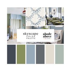 the color scheme for this living room is blue, green and gray with white accents