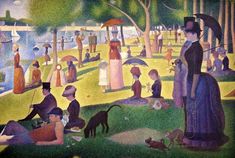 this is an image of a painting of people in the park with umbrellas and dogs