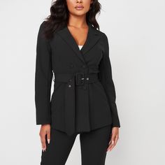 Guess Black Blazer With Belt. Super Cute And Flattering Tailored Black Belted Blazer, Fitted Black Belted Blazer, Black Fitted Belted Blazer, Elegant Black Belted Blazer, Formal Black Belted Blazer, Tailored Double-breasted Outerwear For Night Out, Black Double-breasted Outerwear For Office, Trendy Black Formal Blazer, Fitted Black Outerwear For Office