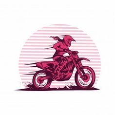 a person riding a motorcycle on a pink and white background