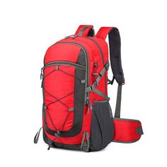 a red backpack with the straps down