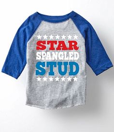 a t - shirt that says star spangled stud on the front and blue sleeves