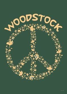 a peace sign made out of flowers and stars with the words woodstock written in gold