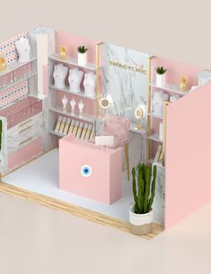 the interior of a doll house with pink furniture and accessories on display, including cacti