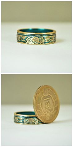 "1938 Japanese 1 Sen Coin Ring w/Turquoise nanoceramic: - Glowing Brass Coin Ring - Your choice of Nano Ceramic Color. (see the second photo) - Comes in a cute box ready for gift giving. - Made to order, just for you. These rings are handcrafted using a rare brass Japanese One Sen Coin. Issued only in 1938 they feature a beautiful wave and cherry blossom design that will be on the outside of the ring. The inside of the ring features the date and issuing authority in Japanese script. You can see Vintage Green Enamel Ring For Gift, Green Vintage Enamel Ring For Gift, Vintage Green Enamel Ring Gift, Turquoise Enamel Ring As Gift, Turquoise Enamel Ring Gift, Vintage Open Enamel Ring For Gift, Vintage Enamel Open Ring Gift, Vintage Turquoise Ring With Patina For Gift, Handmade Vintage Enamel Ring For Gift