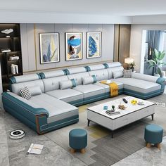 a modern living room with blue and white furniture