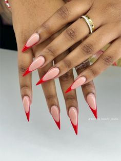 #rednaildesigns #redstilettodesign #naildesign #nailsoftheday French Tip Stiletto Nails, French Tip Stiletto, Red French Tip, Red Stiletto Nails, Oval Nails Designs, Acrylic Nails Stiletto, Stilleto Nails Designs, Wow Nails, Punk Nails