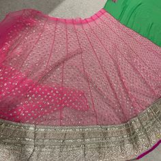 Beautiful Hybrid Saree/Lengha, Worn Only Once. Blouse Will Fit Sizes 4-8. Saree Has Scalloped Hot Pink Border With Pearl Beads Embellished Multicolor Anarkali Set, Floor-length Green Embroidered Fabric For Party, Pink Anarkali Embroidered Fabric With Self Design, Pink Anarkali Self Design Embroidered Fabric, Green Georgette Lehenga For Celebration, Saree Lengha, Pink Border, Embroidered Saree, Pearl Beads