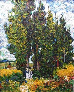 a painting of two people sitting under a large tree in the middle of a field