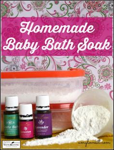 homemade baby bath soak with three bottles next to it