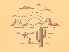 an image of a desert scene with cactus, mountains and sun in the background illustration