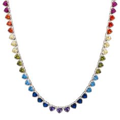 Meet our Heart Garland Rainbow Gemstone Necklace, the ultimate blend of love and colour. This unique necklace is a real showstopper. The entire length is adorned with a series of hearts, the hearts to the front are set with an assortment of eye-catching, lab-created gemstones. From blue topaz and peridot to lemon topaz, amethyst and more, to create a rainbow effect that's sure to brighten your day and your look. The remaining hearts keep it classy, with a polished silver finish giving off a shin Elegant Multicolor Heart Cut Jewelry, Multicolor Heart Cut Multi-stone Jewelry, Multicolor Heart-shaped Sterling Silver Necklace, Multicolor Heart-shaped Gemstone Necklace, Elegant Multicolor Necklace With Heart Charm, Multicolor Sterling Silver Heart Pendant Necklace, Multicolor Sterling Silver Heart Beads Jewelry, Multicolor Heart Cut Necklace For Valentine's Day, Multicolor Heart Cut Jewelry For Valentine's Day