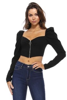 Black Crop Top Bubble Sleeve Long Sleeves Zip Up Front 95% Polyester 5% Spandex Black Elastane Crop Top For Fall, Fitted Black Tops With Zipper Closure, Black Long Sleeve Elastane Crop Top, Black Cropped Top With Zipper Closure, Black High Stretch Top With Zipper Closure, Stretch Tops With Zipper Closure For Night Out, Stretch Tops With Zipper For Night Out, Black Crop Top With Zipper For Night Out, Edgy Black Top With Zipper Closure