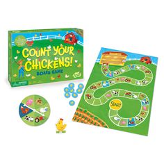 a board game with the words count your chickens on it and an animal figure next to it