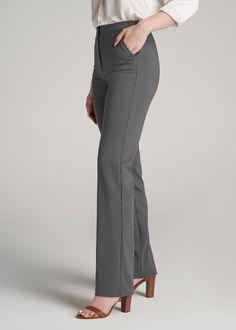 About Our Slacks for Tall Women The search for extra-long women's dress pants is over. Whether you're meeting clients to close a deal or walking into a big job interview, you need an outfit that's going to make you look good and feel confident. Finding options when you're vertically blessed can be tough, which is why we designed this pair of slacks for tall women between 5'9” and 6'6”. They have an extra-long inseam with a turn-up hem, a slim straight fit that will flatter your long legs and a h Grey Dress Pants Outfit, Pants For Tall Women, Taller Clothes, Scrubs Dress, Women's Dress Pants, Straight Leg Dress Pants, Legs Outfit, Grey Slacks, Slacks For Women